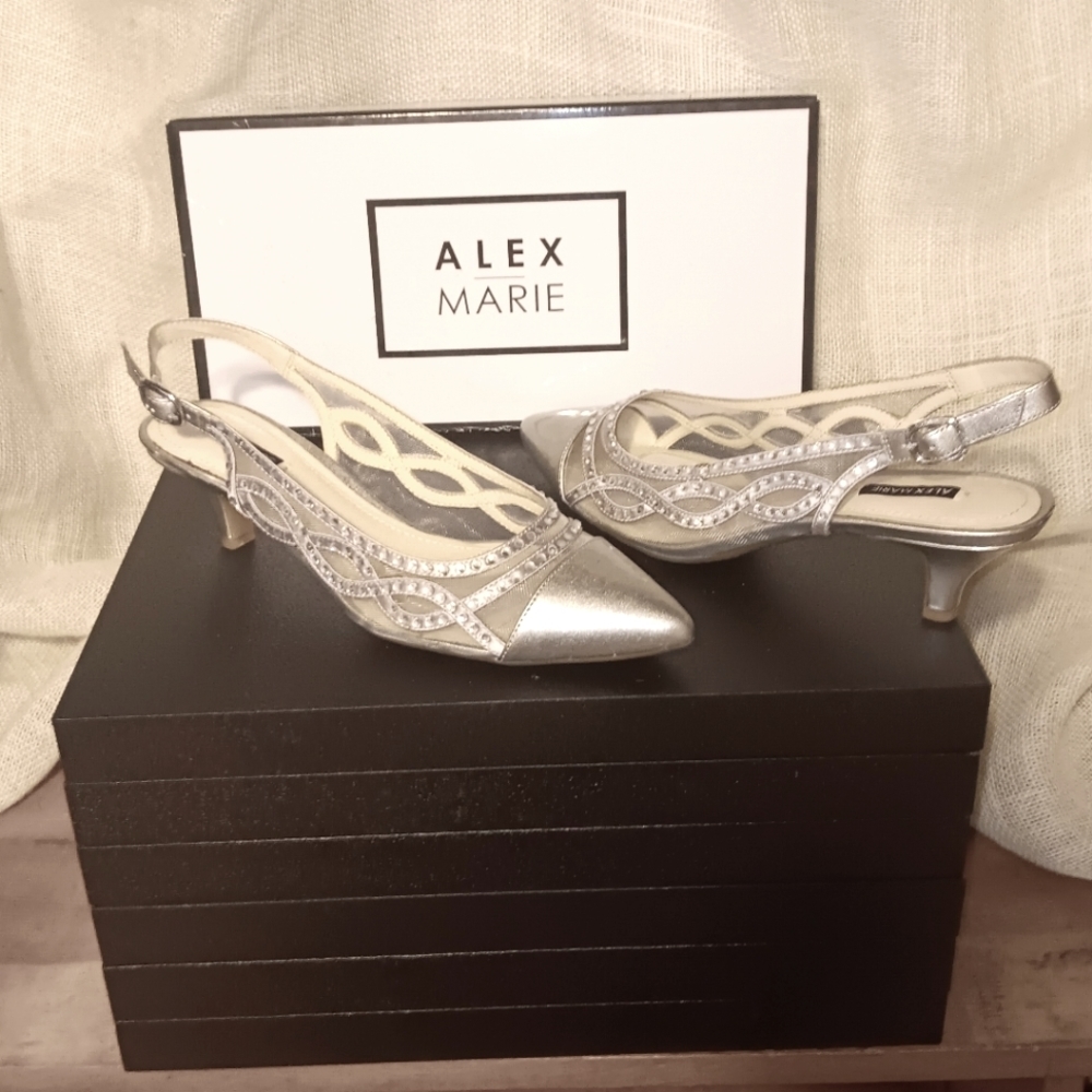 Alex Marie low silver high heel shoe w/back adjustable back strap